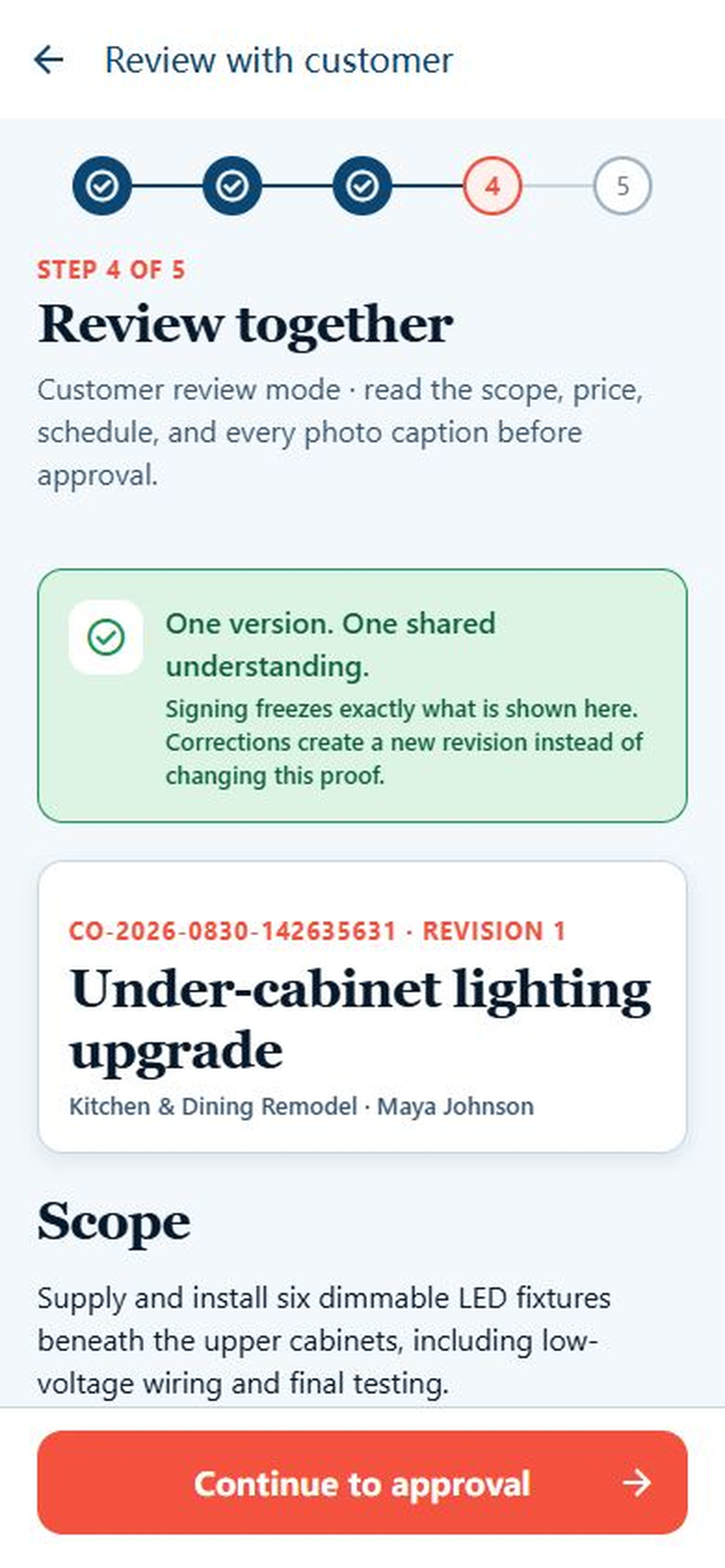 Review before signing in Change Order Proof